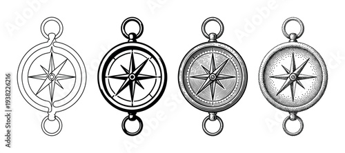 Set of vintage compasses with various artistic styles and textures, perfect for navigation and adventure themes.