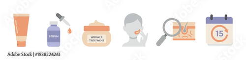 Skincare routine icons for anti-aging and wrinkle treatment illustrating the process of applying cosmetic products to improve skin health.