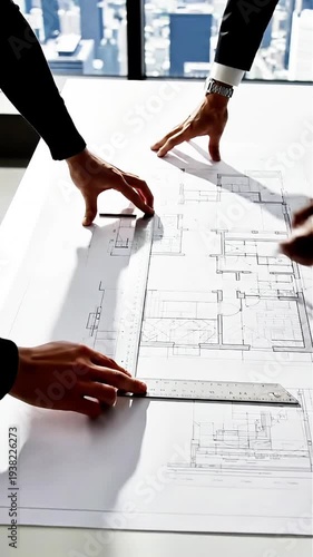 Collaborative architectural planning diverse professionals review detailed building blueprints together in a modern office setting emphasizing teamwork and design innovation