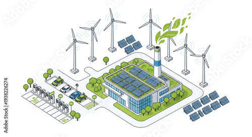 Sustainable energy production with wind turbines and solar panels.