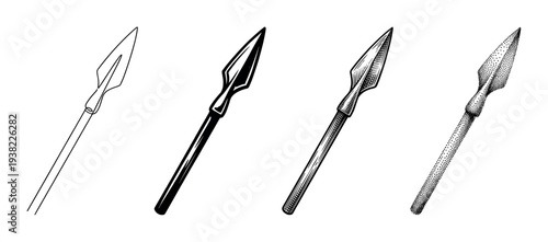 Various ancient weapon spear designs depicted with different artistic illustration styles and historical details.