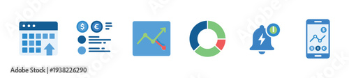 Business finance data technology icons collection representing various analytical concepts, financial management, scheduling, and mobile notifications.
