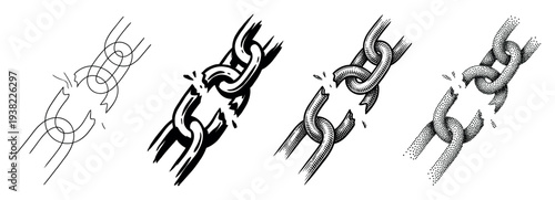 Broken chain links in a collection of four distinct artistic styles depicting liberation and overcoming obstacles.