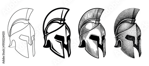 Four distinct Spartan helmet illustrations showcasing various artistic styles, from continuous line art to detailed stippling, representing ancient warrior strength.