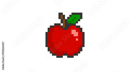 Pixelated Red Apple with Green Leaf and Stem.