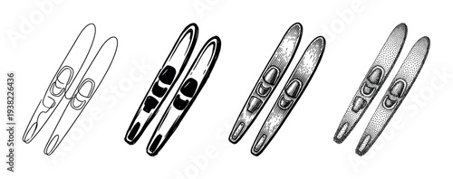 Water skis vector illustration set in various styles depicting classic water sports equipment for summer recreation.
