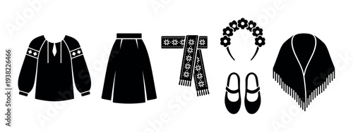 Ukrainian traditional clothing accessories set cultural symbols representing heritage and folk art in a simple graphic style.