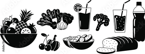 food, drink, healthy, nutrition, fruit, vegetable, organic, silhouette, beverage, diet, juice, bread, breakfast, icon, vector