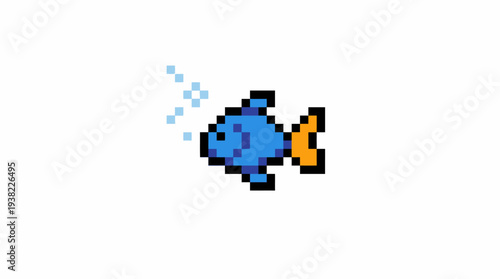 Pixelated Blue Fish Swimming with Bubbles.