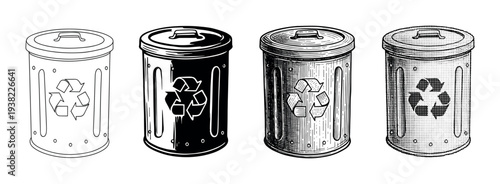 Recycling bins vector illustrations in various artistic styles promoting environmental sustainability and waste management.