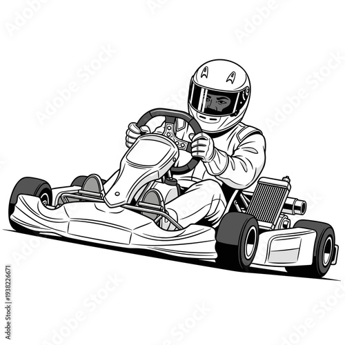 Illustration of a kart racer driving a go-kart on a white background.