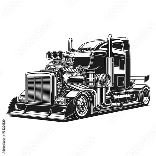 Detailed black and white illustration of a custom semi-truck with large engine.