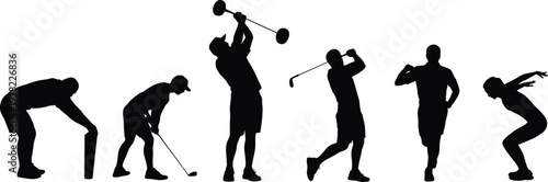 Happy people jumping on trampoline silhouettes set, men and women bouncing for fitness, outdoor recreation and joy vector illustration