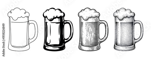 Four beer mugs with frothy foam illustrated in various artistic styles, perfect for beverage designs.