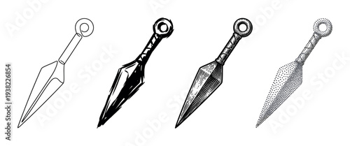 Four different styles of traditional Japanese kunai are presented in a vector illustration, showcasing various artistic techniques.