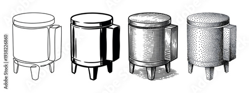 Industrial storage tanks depicted in various artistic styles, showcasing different rendering techniques and visual textures.