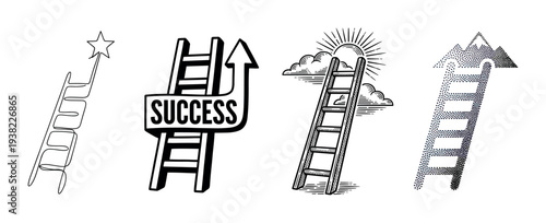 Four different hand-drawn ladder illustrations symbolizing success, ambition, and the journey towards achieving goals and aspirations.