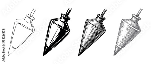 Four different styles of plumb bob illustrations showcasing various artistic techniques for architectural and construction tools.