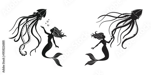 Mythical Mermaid and Kraken Illustration Enchanting Underwater Encounter