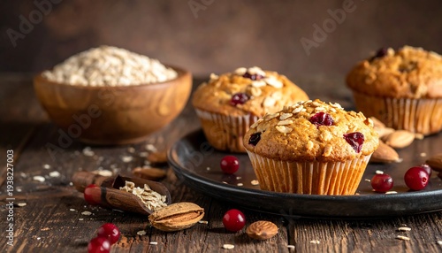 Three muffins with oats and cranberries on a dark plate, bowl of oats, nuts on a wooden table