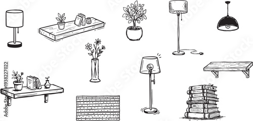 Hand Drawn Home Decor Seamless Pattern with Shelves Lamps and Plants, Minimalist Interior Design Vector Illustration for Wallpaper and Fabric