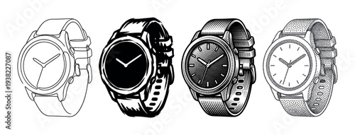 Four different styles of classic wristwatches are presented in a detailed black and white illustration, showcasing various artistic techniques.