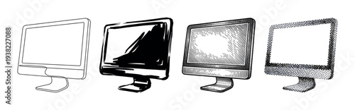 Four computer monitors are illustrated using diverse artistic styles and various graphic drawing techniques.