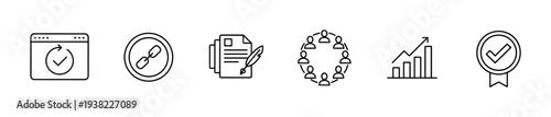 Digital marketing business strategy icons collection for success and growth in online content creation and web analytics.