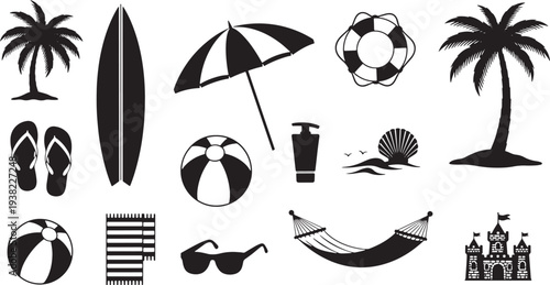 Beach Vacation Silhouette Icons Set  Summer Vector Illustration