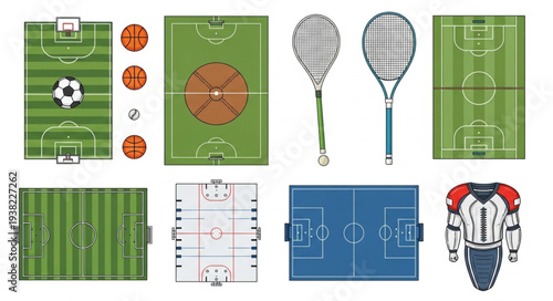 Collection of Various Sports Fields and Equipment.