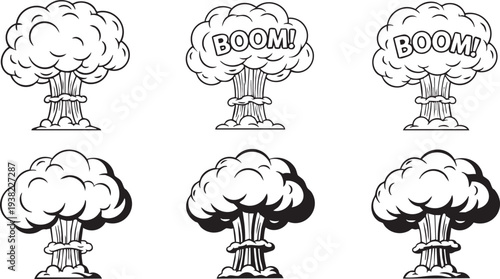 A series of six cartoon style mushroom clouds with three labeled boom in a dramatic display of explosive power and energy