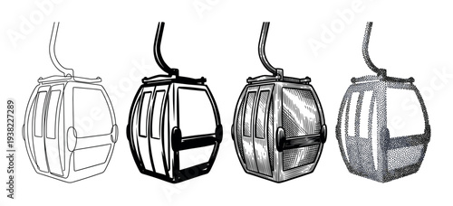 Cable car gondola vector art in multiple styles, including outline, solid, hatched, and stippled renderings for design projects.