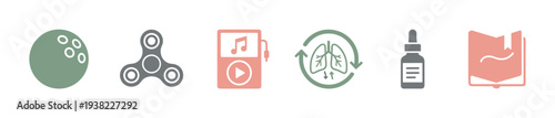 Various icons representing different hobbies, health, and entertainment concepts in a flat design style.