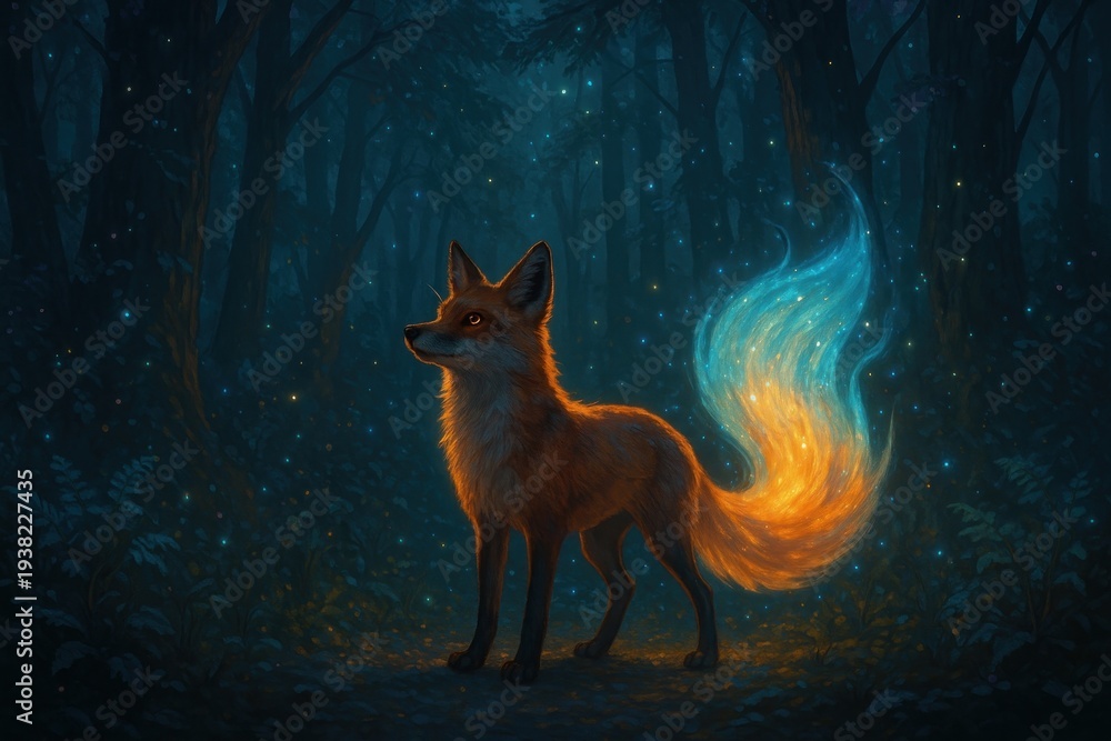 Fototapeta premium Mystical fox with glowing tail background