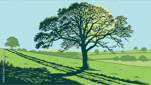 Artistic Vector Sketch of a Lone Tree in a Rolling Green Meadow Under Sunlight