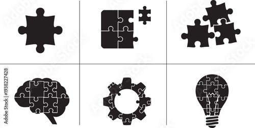 Jigsaw puzzle pieces forming various shapes and objects