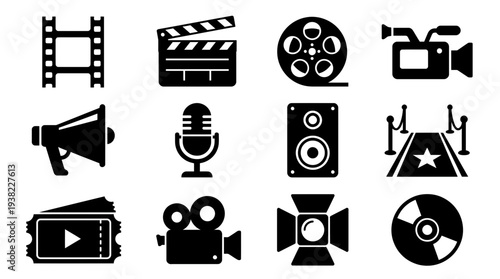Set of black silhouette icons representing film and cinema production elements like camera, clapperboard and ticket, concept for movie marketing, entertainment industry reports and media broadcasting