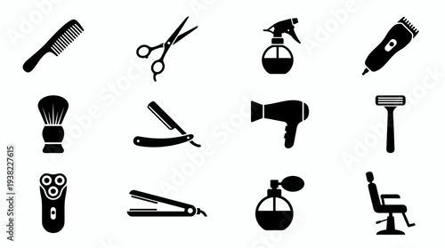 Set of black solid icons representing barber shop tools like comb, scissors, razor and hairdryer, concept for salon business, beauty industry service and hairdressing application