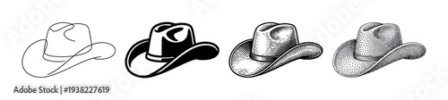 Cowboy hat illustrations in various artistic styles depict the iconic Western headwear, showcasing different rendering techniques.