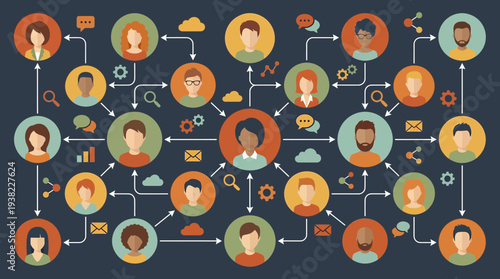 Diverse group of business people icons connected in a network diagram, concept for team management presentation, organizational structure visualization and corporate communication planning