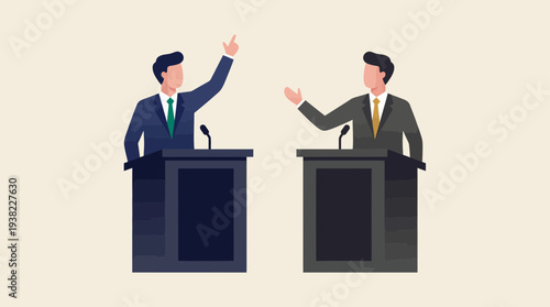 Two businessmen in suits debating at podiums during a political contest, concept for campaign promotion, public speaking event and corporate meeting illustration