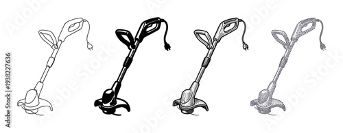 Electric string trimmer gardening tool illustrations in various styles depicting lawn care equipment for outdoor maintenance projects.