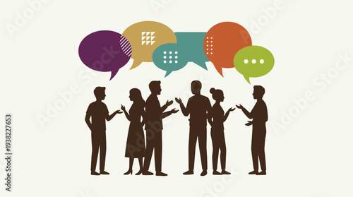 Silhouettes of business people having a vibrant discussion with colorful speech bubbles above, concept for team communication strategy, corporate training material and networking event promotion