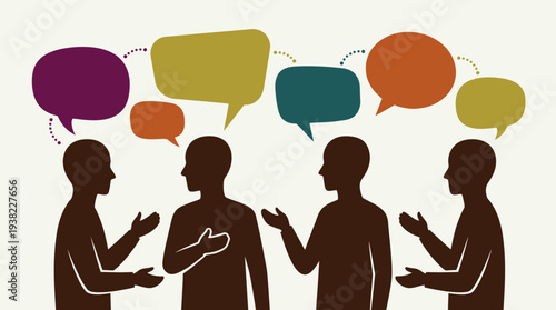 Four business people silhouettes engaged in active discussion with colorful floating speech bubbles, concept for team meeting ideas, internal communication strategy and brainstorming session graphic