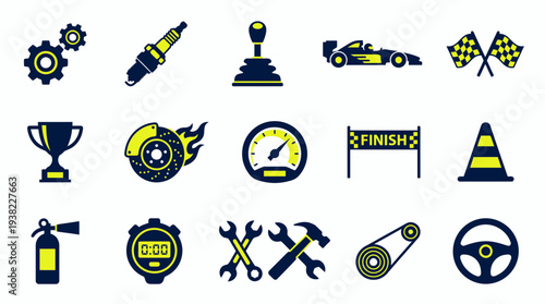 Set of dark blue and yellow racing and automotive maintenance icons, concept for motorsport event promotion, vehicle repair service and auto parts e-commerce