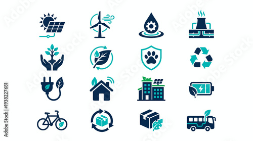 Set of green energy and sustainability icons including solar, wind, recycle and electric transport, concept for environmental reports, ecological campaigns and corporate responsibility guidelines