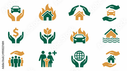 Set of twelve insurance icons with hands protecting car, house, money, plant, family and globe, concept for financial planning, risk management service and security applications