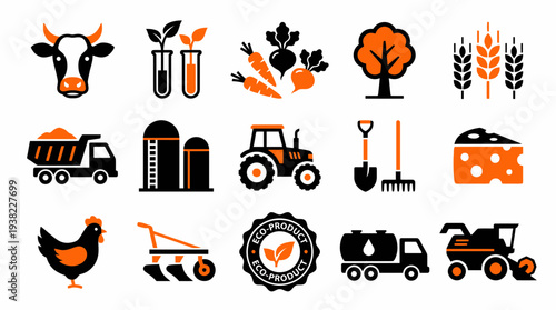 Set of black and orange agricultural and farming icons including livestock, crops, machinery and processing, concept for organic food packaging, farm business design and sustainability reports