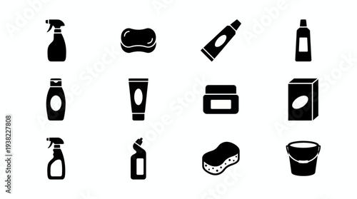 Set of black cleaning and personal care product icons including spray bottles, tubes, sponges and bucket, concept for household product packaging, hygiene advertising and service branding