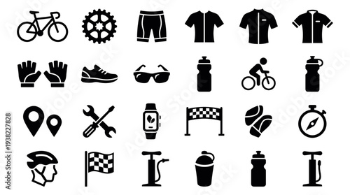 Collection of black silhouette icons representing cycling equipment and accessories, concept for sports application design, fitness tracking interface and outdoor adventure marketing